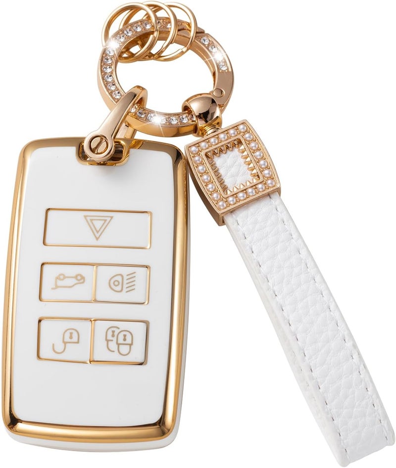 CACARLIKE for Land Rover Key Fob Cover with Leather Lanyard, Car Key Fob Case Compatible with 2018-2023 Range Rover Evoque Vogue Discovery 5 Sport Jaguar E I-PACE Smart Key Protector Holder - Image 1